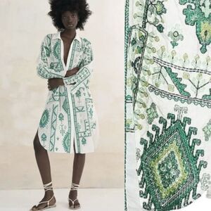 ZARA Embroidered Aztec Green White Long Sleeve Button Down Shirt Dress Size XS